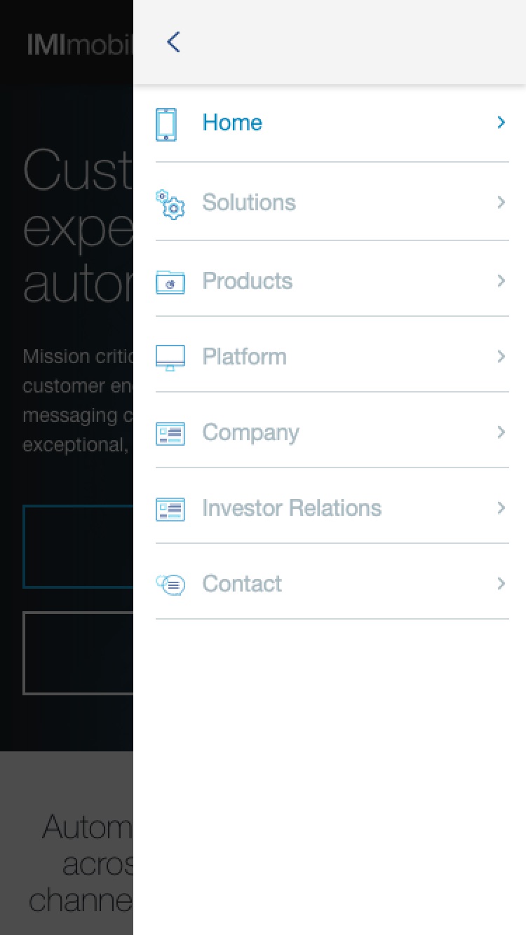 IMI mobile website phone menu
