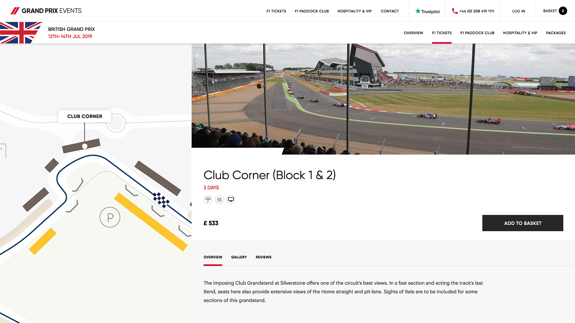 Club Corner (Block 1 &2) ticket page for the British Grand Prix