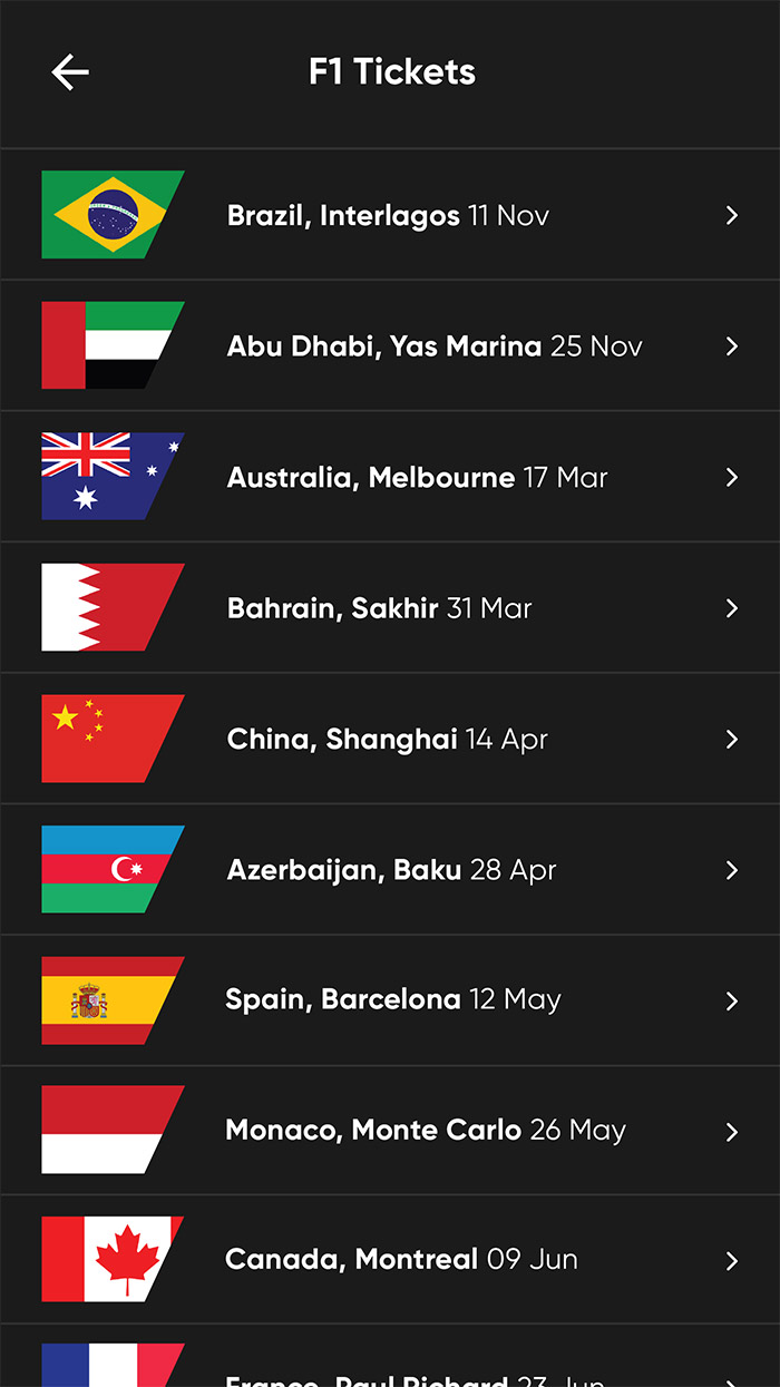 f1 tickets megamenu on a phone