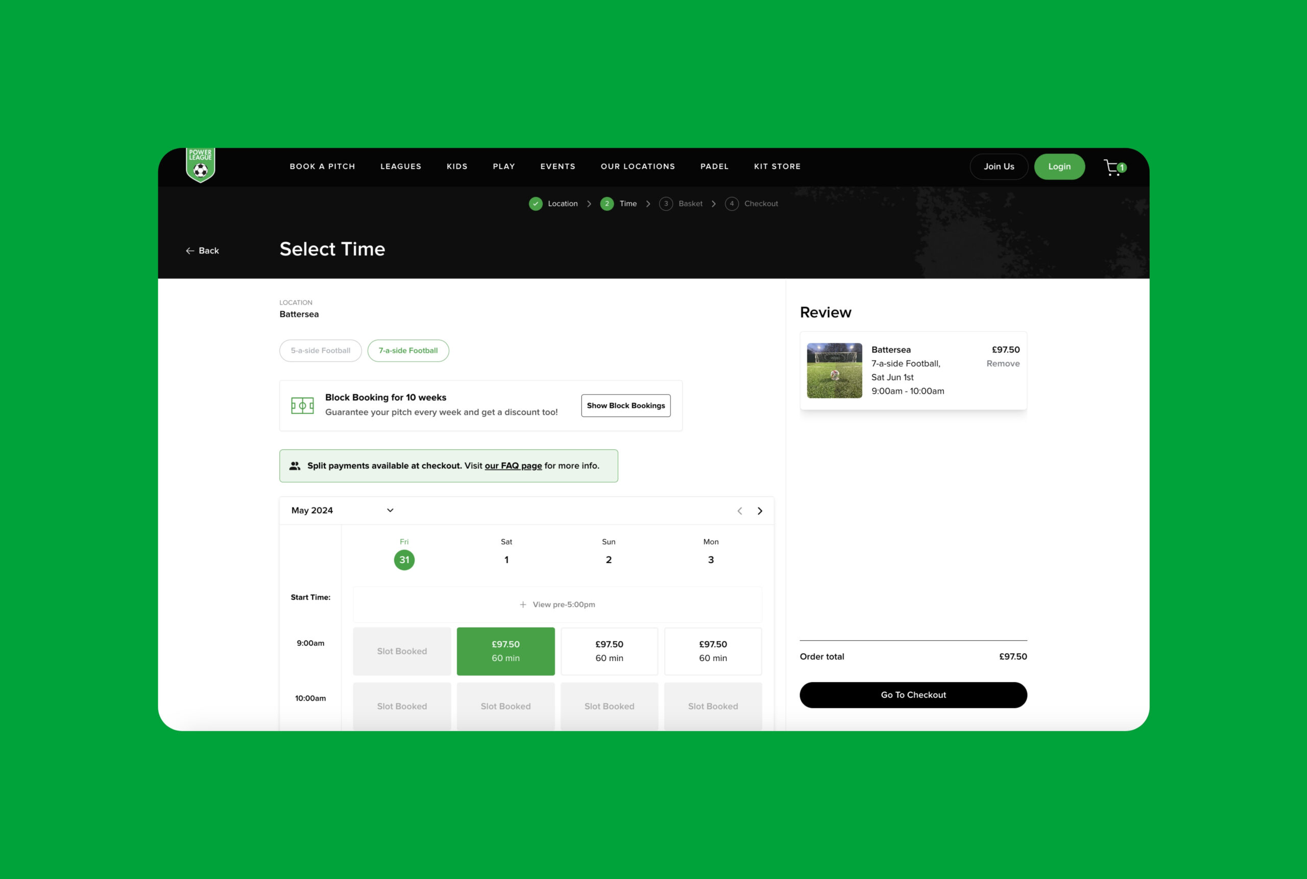 Powerleague booking flow